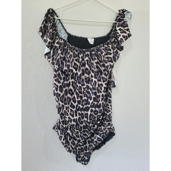 Swim Solutions Other - Swim Solutions Off Shoulder Leopard Print Ruffle Swimsuit Black Multi 22W #18